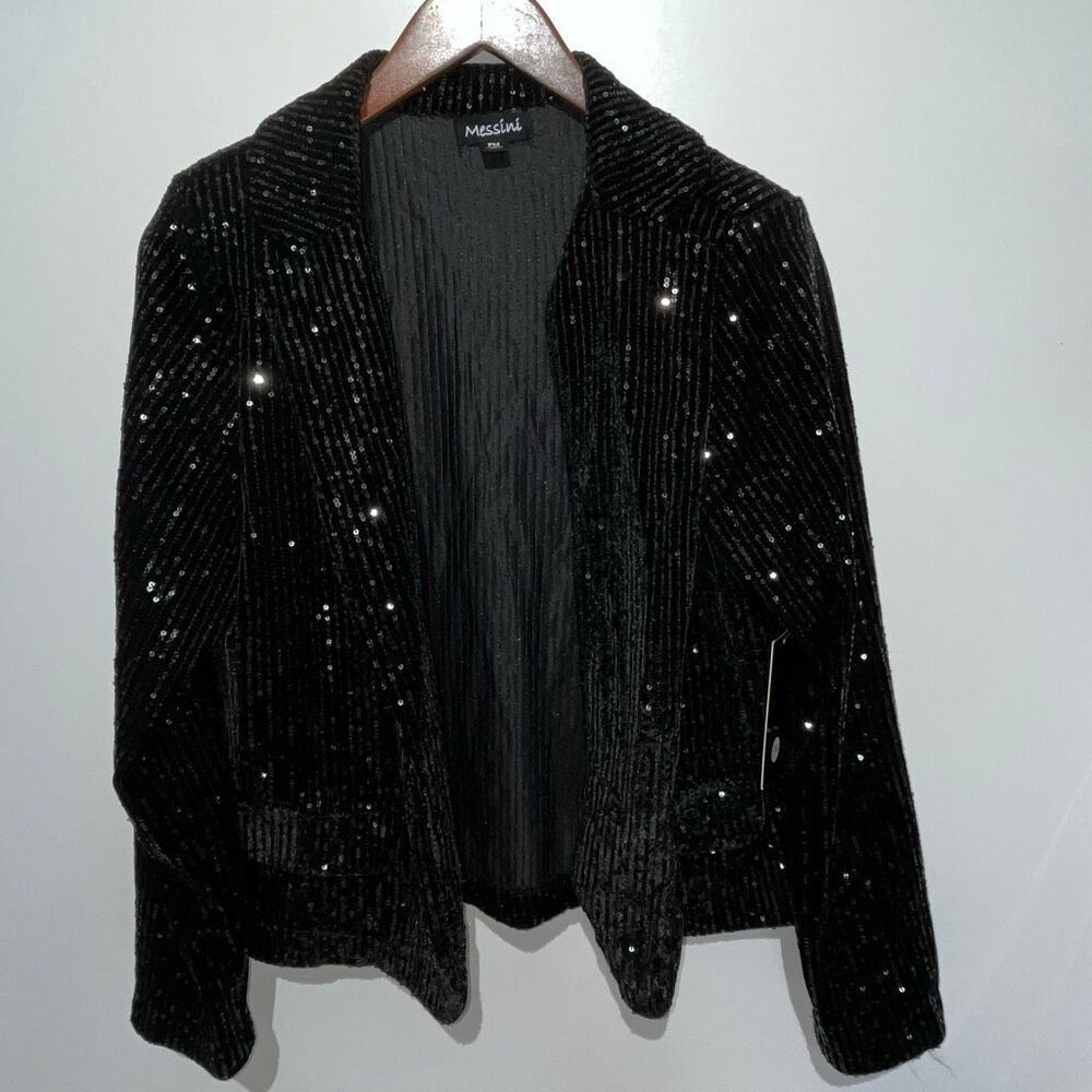 Messini Womens Black Sequin Blazer Jacket Petite Medium PM 1461PSE New With Tags